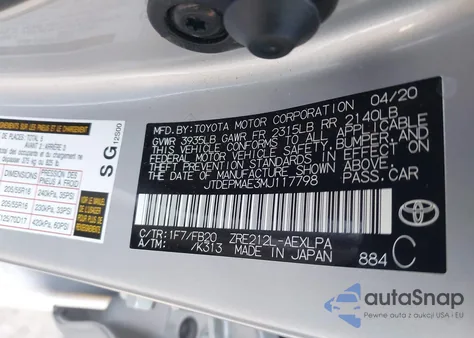 2021 Toyota Corolla Le z USA, uszkodzony, nr VIN JTDEPMAE3MJ117798